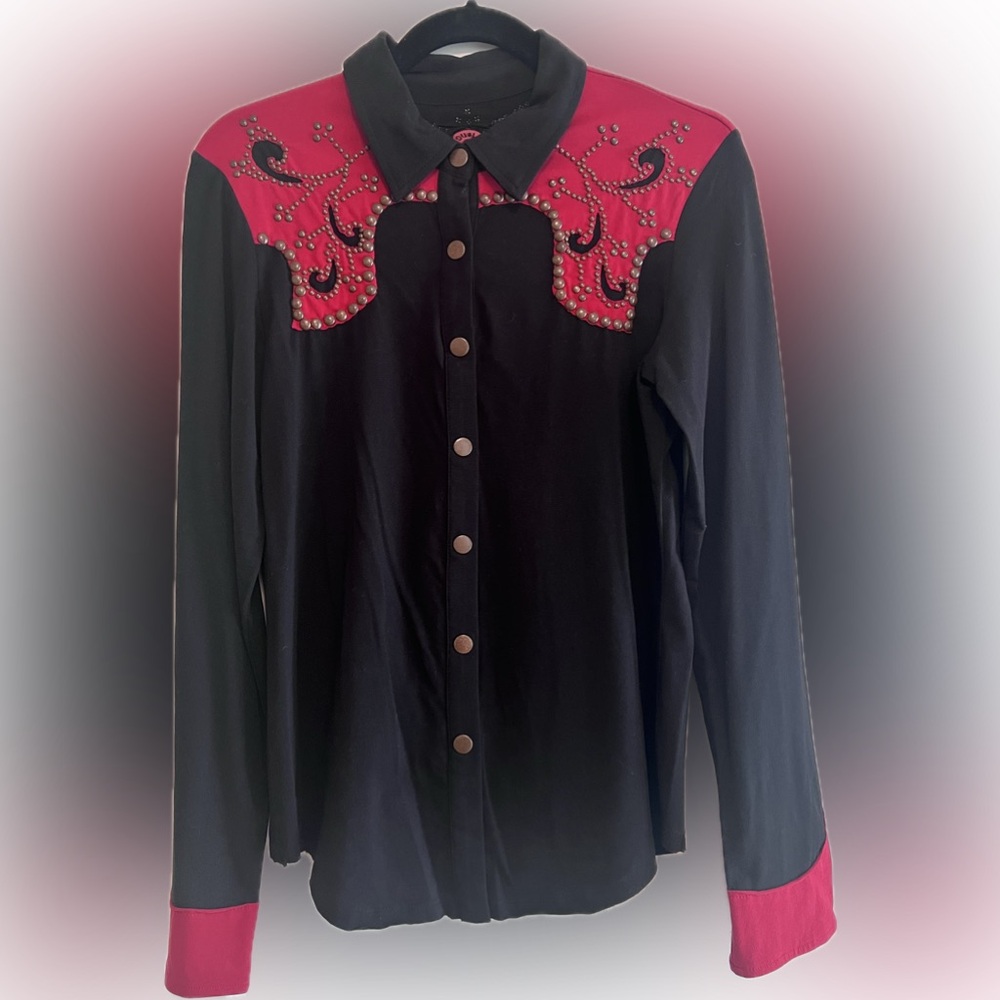 Double D Ranch - Black and Red Studded Western Long Sleeve Shirt